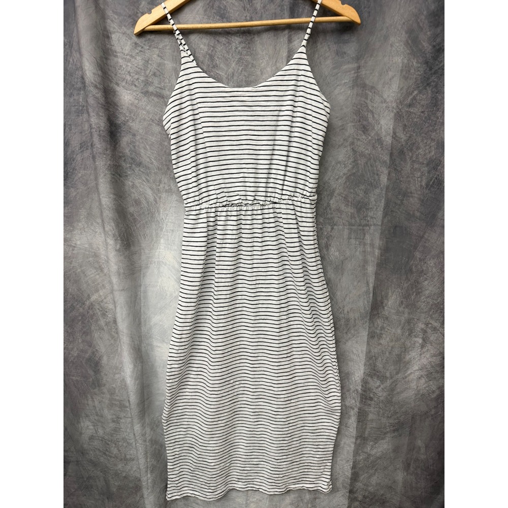 Old Navy Womens XS Black White Striped Cotton Midi Dress Elastic Waist Summer